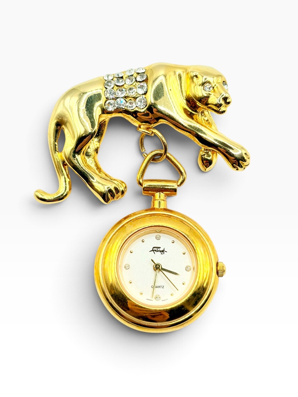 80s Vintage Faberge Gold Panther Brooch Watch Dangle